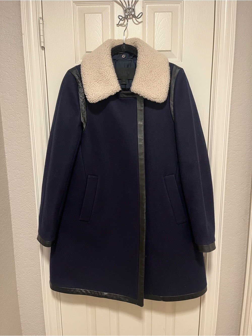 J. Crew Navy Pea Coat with Cream Faux Shearling Collar